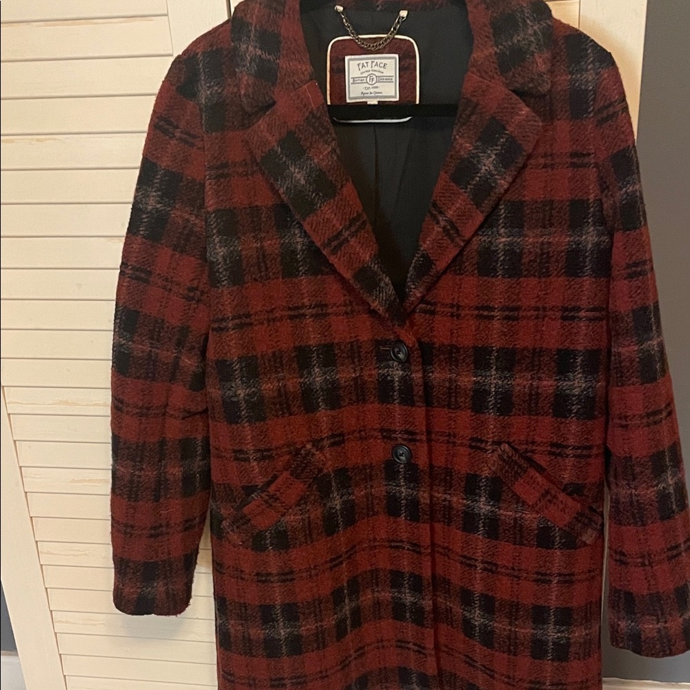 Fat Face Women's Red and Black Checkered Pea Coat